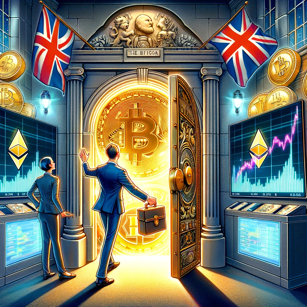 DALL·E 2024 03 12 07.24.12 Illustrate an image reflecting the UK's integration of cryptocurrency into its financial services. Picture a sophisticated and modern financial execut