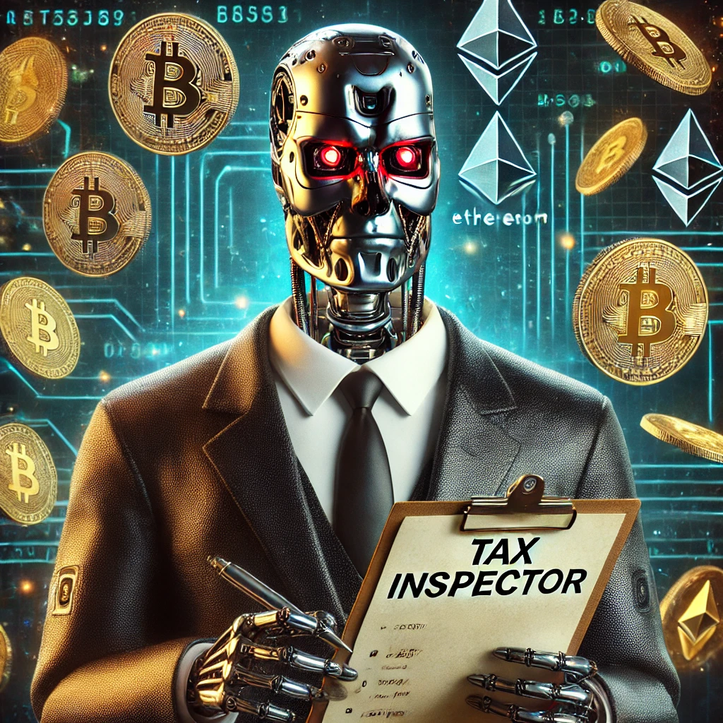 DALL·E 2024 08 02 17.31.05 A Terminator style cyborg dressed as a tax inspector, with a stern expression and holding a clipboard. The background features floating crypto coins s