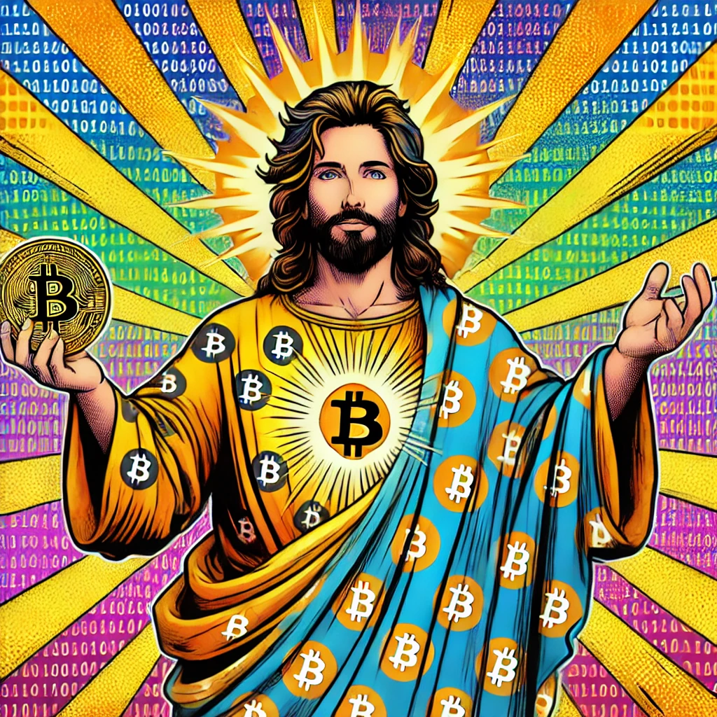 DALL·E 2024 12 07 05.38.22 A pop art inspired image of a figure resembling 'Bitcoin Jesus', depicted humorously. The figure is a charismatic man with shoulder length hair and a